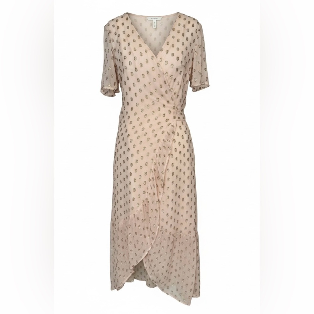 En Crème Metallic Gold Polka Dot Viscose Lurex Wrap Midi Dress Size Small
